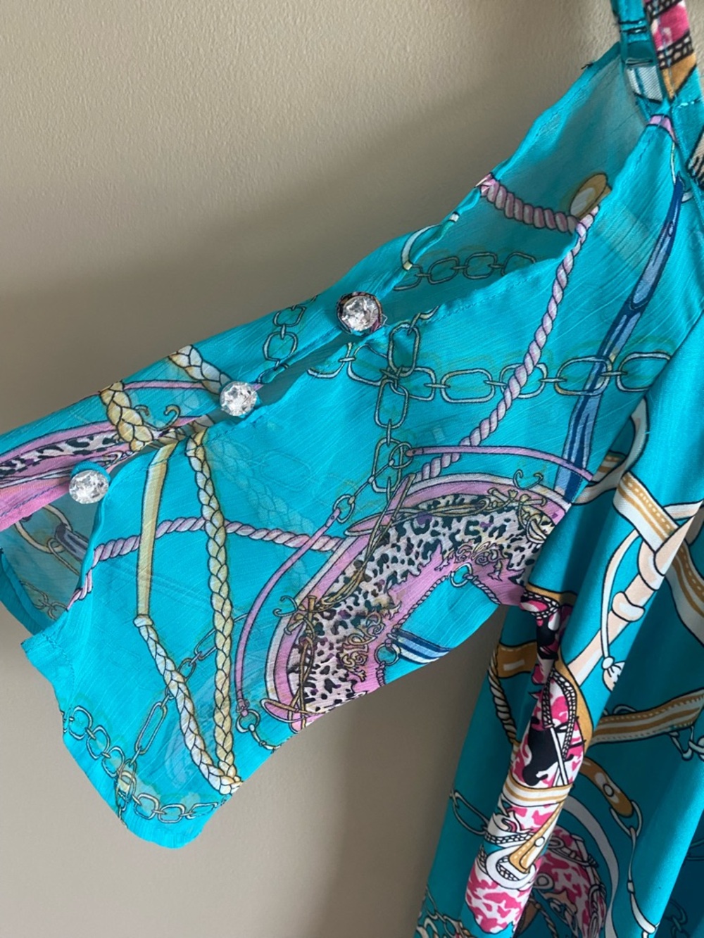 Turquoise Cold-Shoulder Chain-Print Tunic Top - Picture 7 of 9